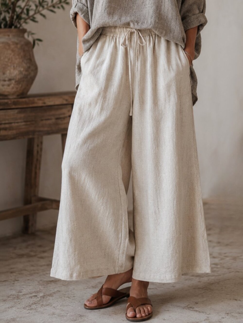 Linen Blend Wide Leg Crop Pants Oatmeal M Drawstring Coastal Minimalist NWOT